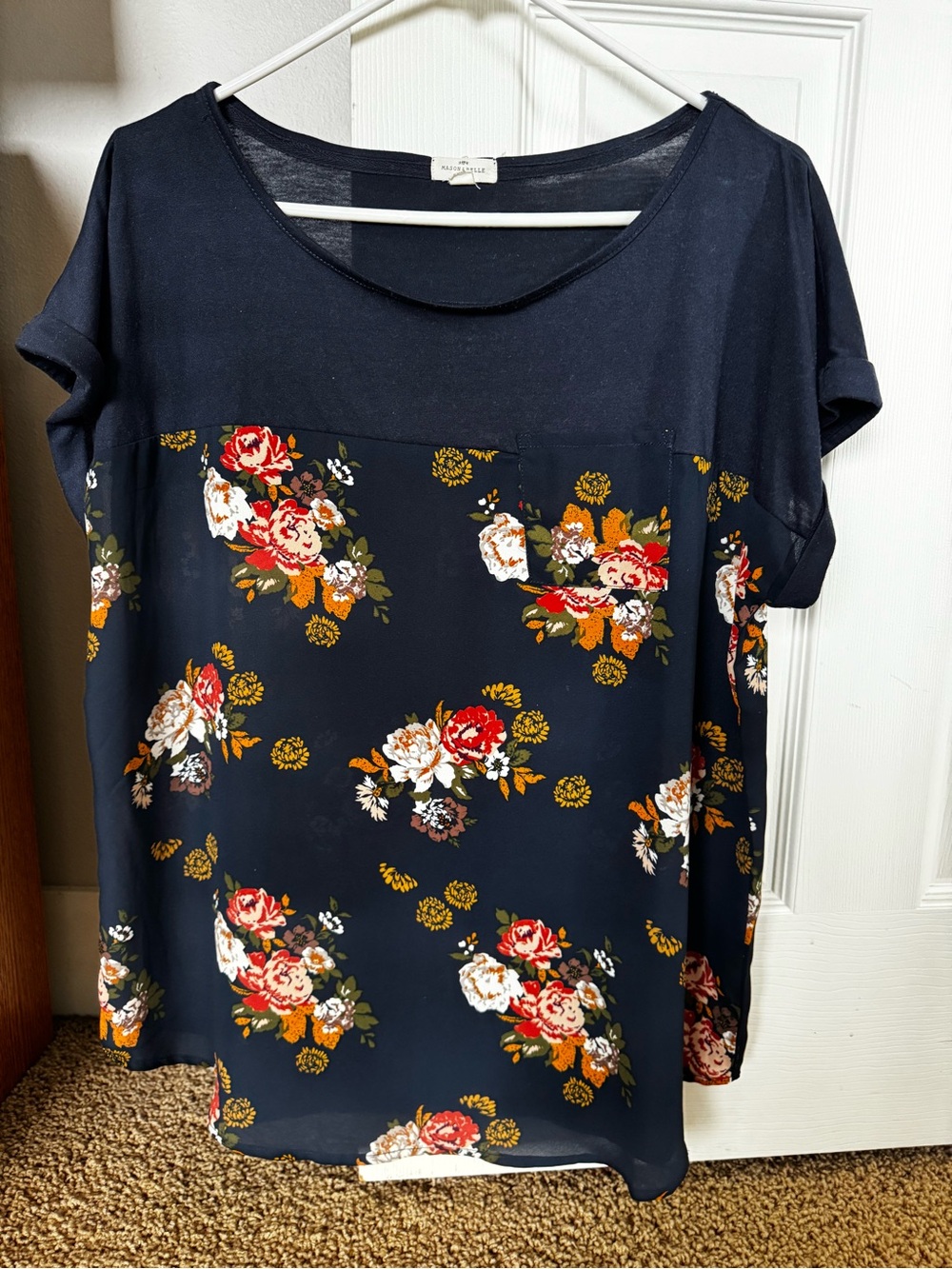 Navy Floral Pocket-Front Short Sleeve Blouse